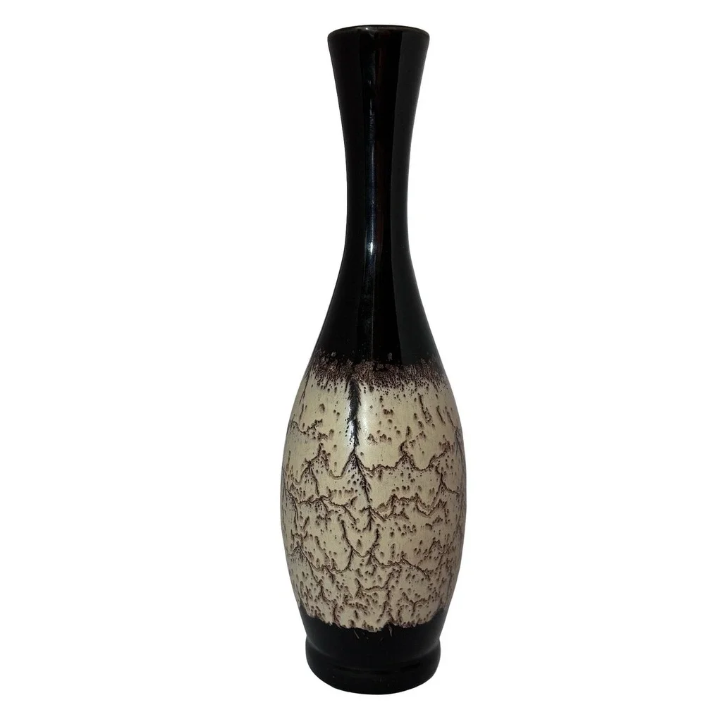 Vintage Haeger Lava Glaze Vase Black Brown Beige Textured‎ Art Deco Mid-Century